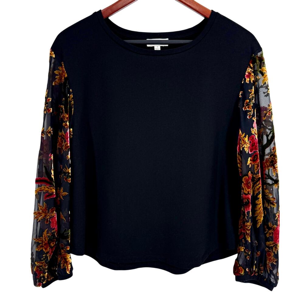 UMGEE Sz Small Black Velvet Burnout Long Sleeve Blouse Shirt Top Unique Holiday